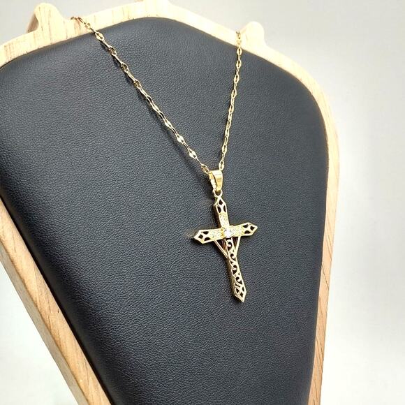 Swarovski Crystal Small Gold CROSS God Lord Jesus Christ  Gold Plated Stainless Cross Necklace W/ CZ Diamonds Christian Catholic Birthday